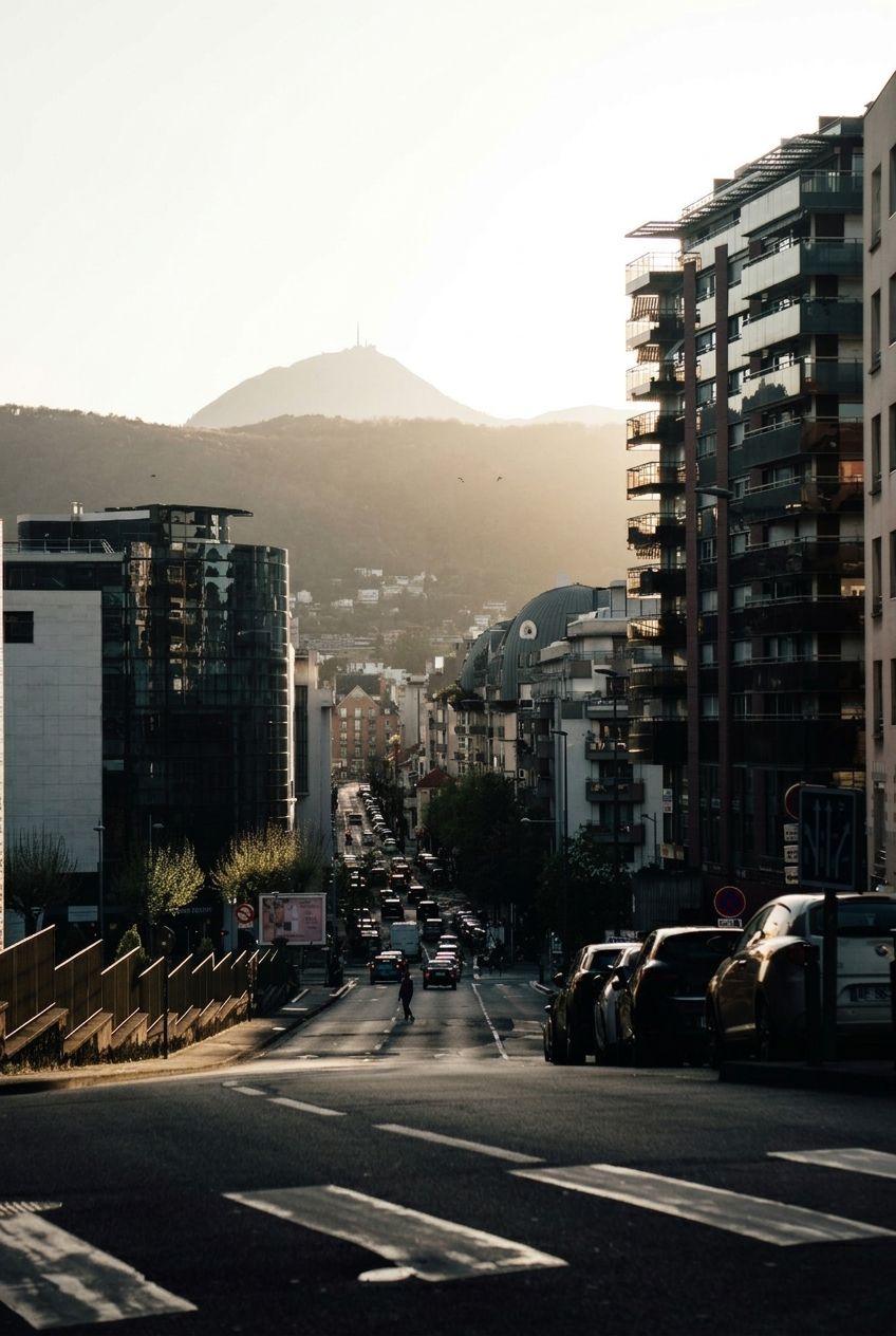 Une rue de Clermont-Ferrand avec le Puy de Dôme à l'horizon
